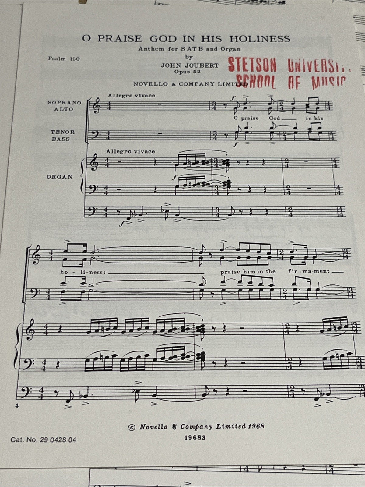 Lot of 7 - O Praise God In His Holiness Anthem for SATB & Organ #19683 Sheets