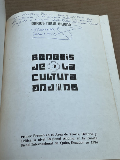 Carlos Milla Villena Genesis De La Cultura Andina por(Peru 1992) RARE