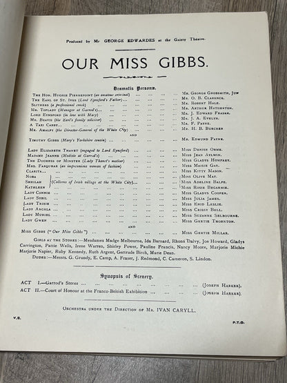 OUR MISS GIBBS BY CRYPTOS 1909 SHEET MUSIC IVAN CARYLL LIONEL MONCKTON 1909