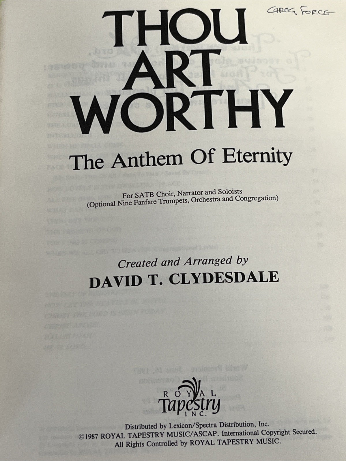 Lot of 10 Thou Art Worthy: The Anthem Of Eternity  SATB By David T. Clydesdale