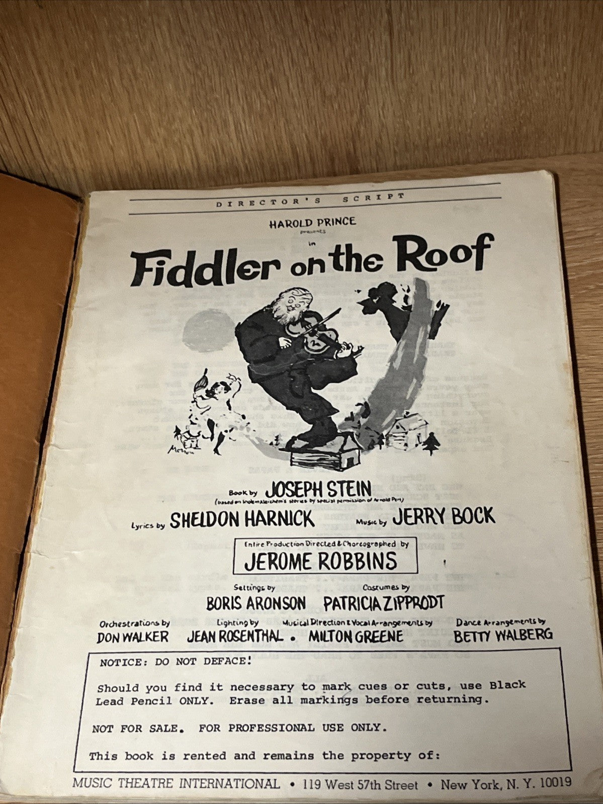 Fiddler On The Roof Director’s Script Harold Prince Music Theatre Pamphlet
