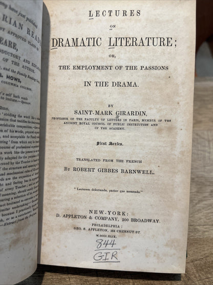 Lectures on Dramatic Literature, or the Employment of the Passions..by Barnwell
