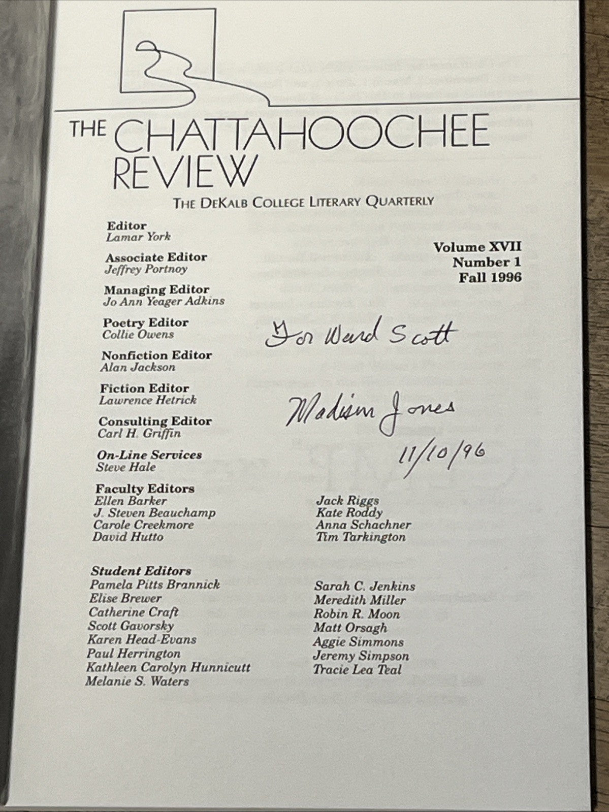 Chattahoochee Review: SIGNED Madison Jones Vol 7 #1 Fall 1996 The DeKalb College