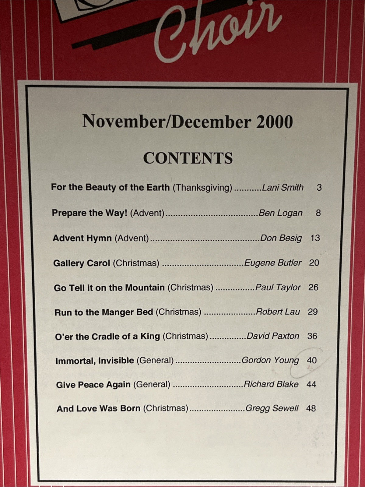 The SAB Choir, specifically the November/December 2000 issue