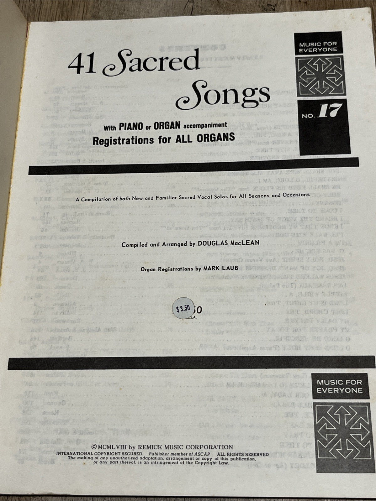 Vintage Sheet Music 41 Sacred Songs with PIANO Or ORGAN 1958