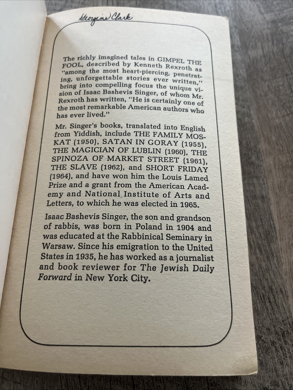 Isaac Bashevis Singer's Volume of Short Stories Gimpel the Fool 1969 Softcover
