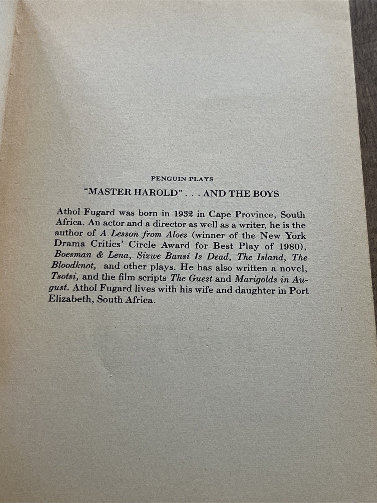 Master Harold And The Boys/Penguin Plays/Athol Fugard/1984/RARE