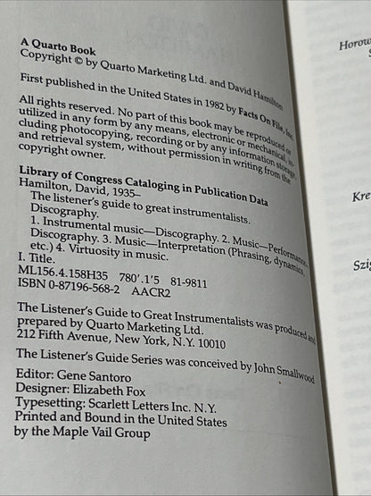 THE LISTENER'S GUIDE TOGreat Instrumentalists By DAVID HAMILTON 1982