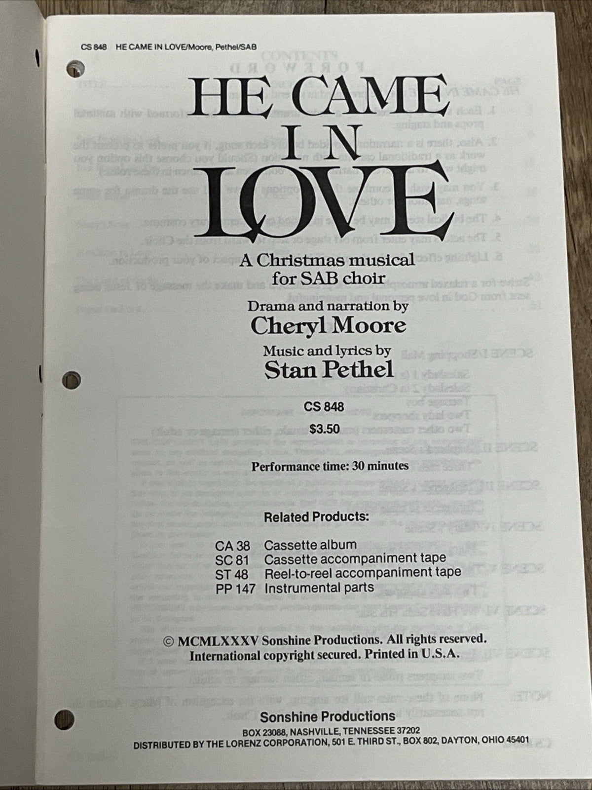 He Came In Love - A Christmas Musical for SAB Choir Cheryl Moore/pathel