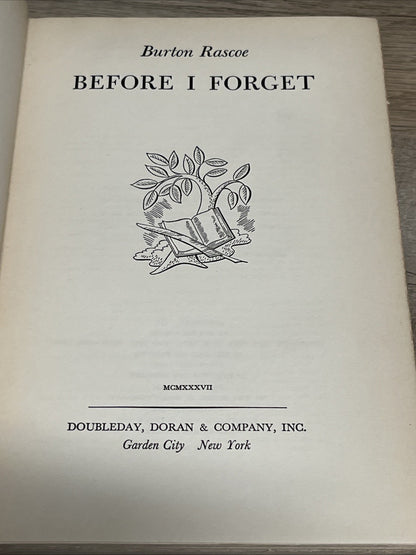 Vintage Book, Before I Forget 1937 By Burton Rascoe hardcoverL No/DJ
