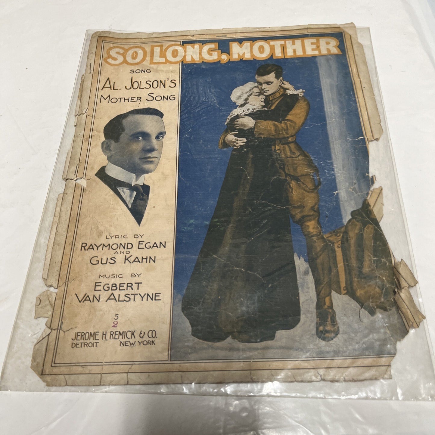 So Long, Mother (1917)  Al Jolson, WW1 Era Vintage Original Sheet Music See pic