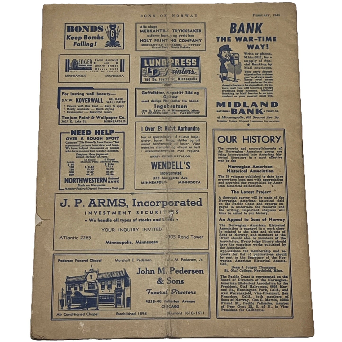 Feb 1945, No.3  Vol.42  Sons of Norway Pre-Viking Magazines Grand Forks,N.D