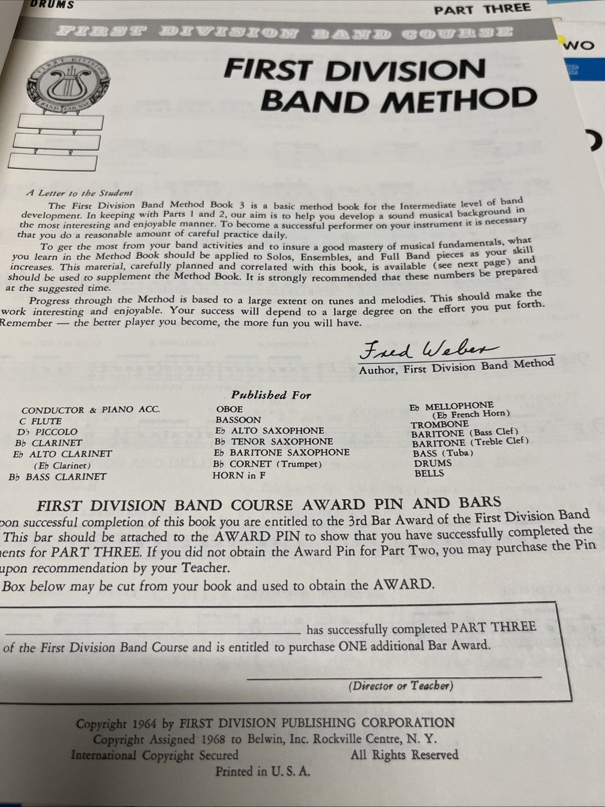 First Division Band Method Drum Sheet Book Lot Volume 1 - 4  (1960s)