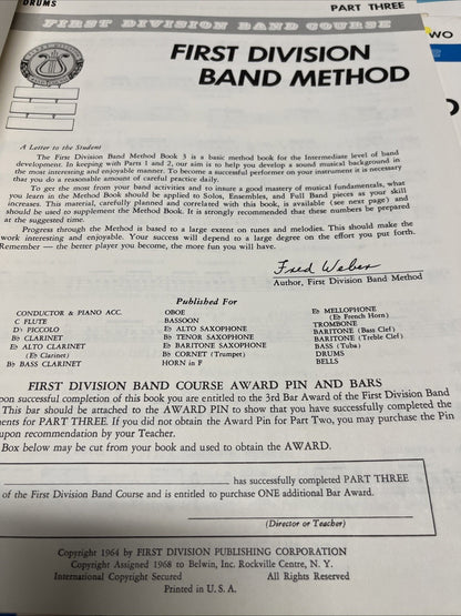 First Division Band Method Drum Sheet Book Lot Volume 1 - 4  (1960s)