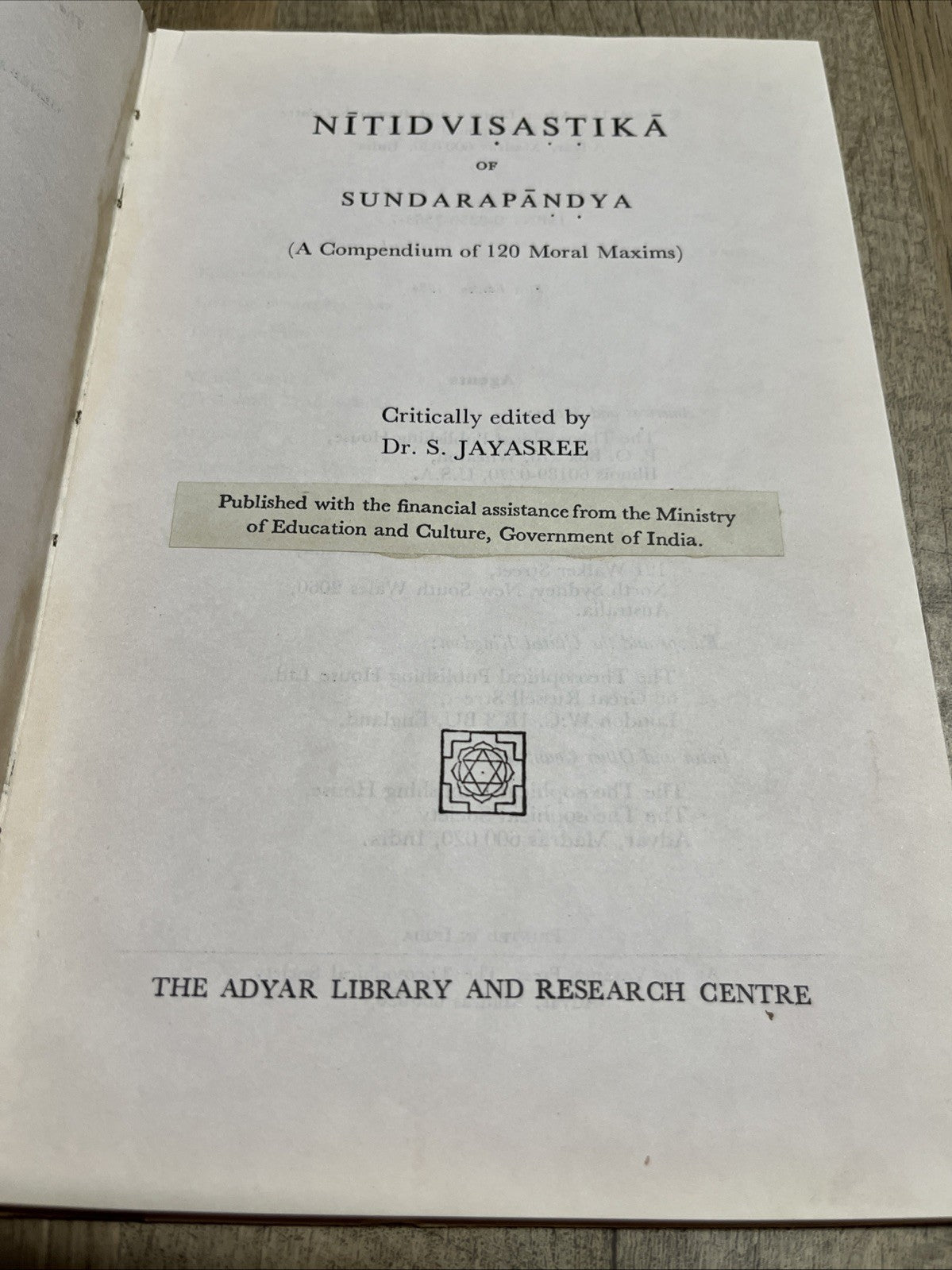 Nītidvişaşțikā of Sundarapāndya:A Compendium of 120 Moral Maxims Dr. S. Jayasree