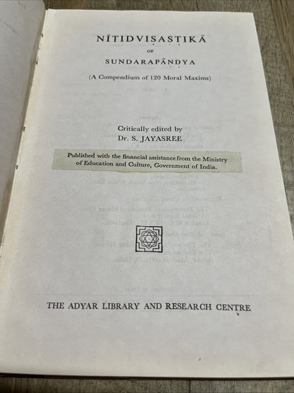 Nītidvişaşțikā of Sundarapāndya:A Compendium of 120 Moral Maxims Dr. S. Jayasree
