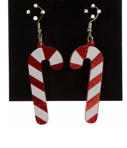 VTG Glass Christmas Ornament Candy Cane Striped Glitter Striped Retro Earrings