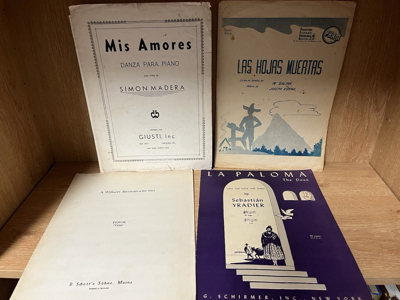 Vintage Sheet Music; La Paloma , Las Hojas Muertas, Miss Amores,  A Willaert: