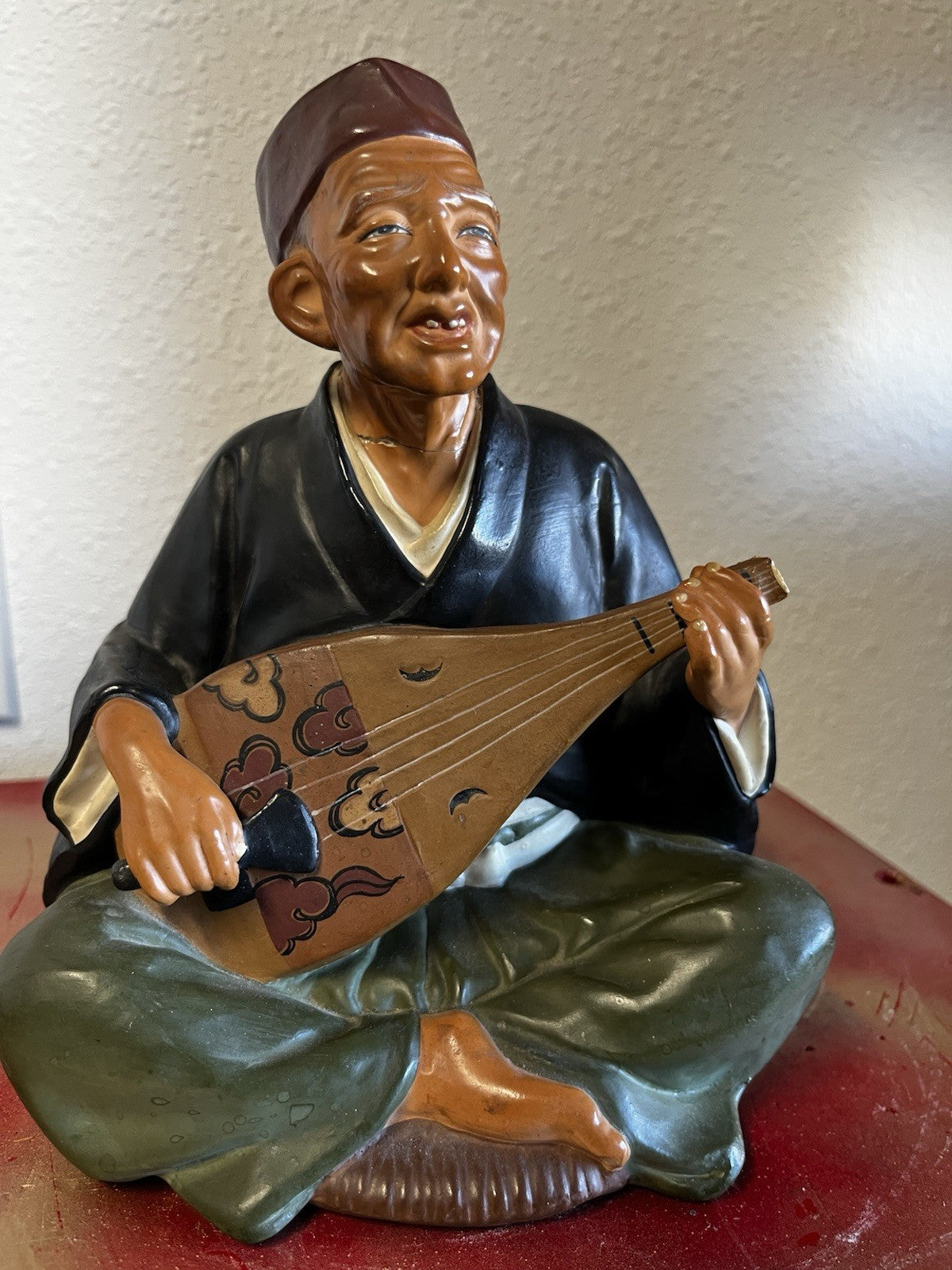 Hakata Urasaki Old Man Biwa Instrument Japanese Figurine Top of Biwa Is Broken