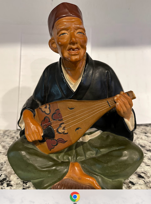 Hakata Urasaki Old Man Biwa Instrument Japanese Figurine Top of Biwa Is Broken