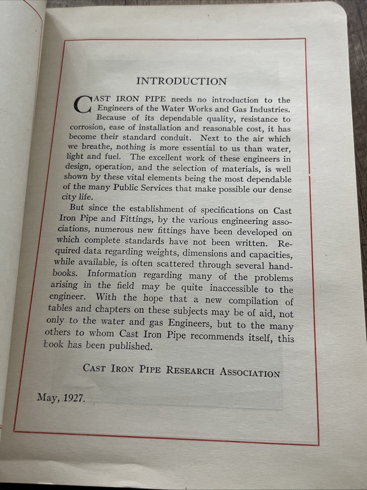 Handbook of Cast Iron Pipe For Water,Gas. Steam.Air. Chemicals $ Abrasives 1927