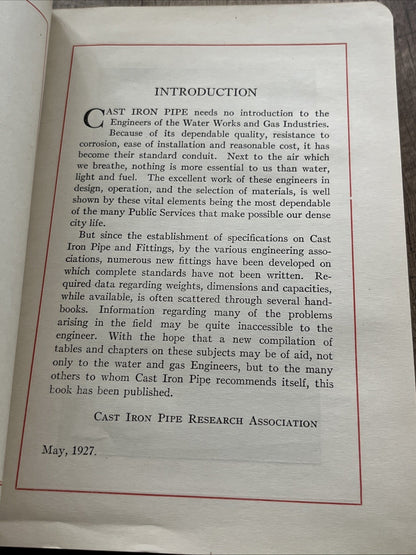 Handbook of Cast Iron Pipe For Water,Gas. Steam.Air. Chemicals $ Abrasives 1927