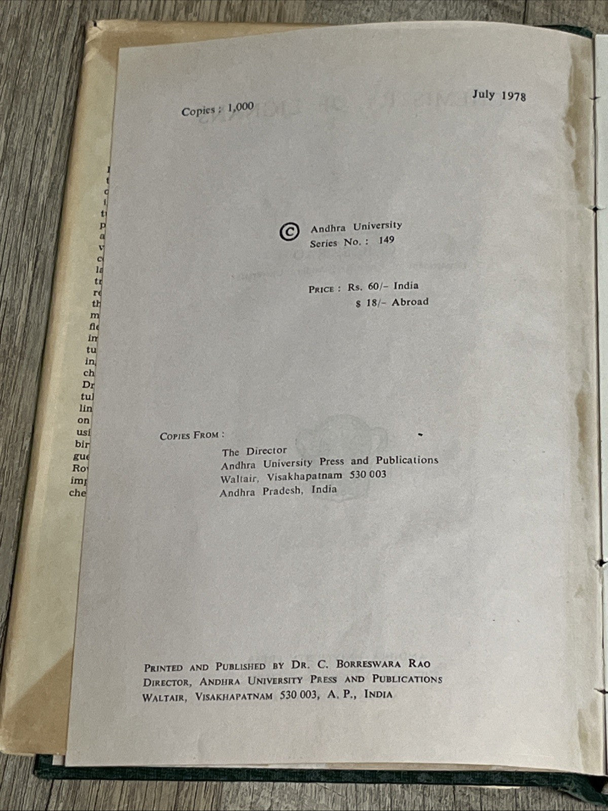 CHEMISTRY OF LIGNANS ANDHRA UNIVERSITY PRESS WALTAIR 1978 Ed In Chief C.B. S RAO
