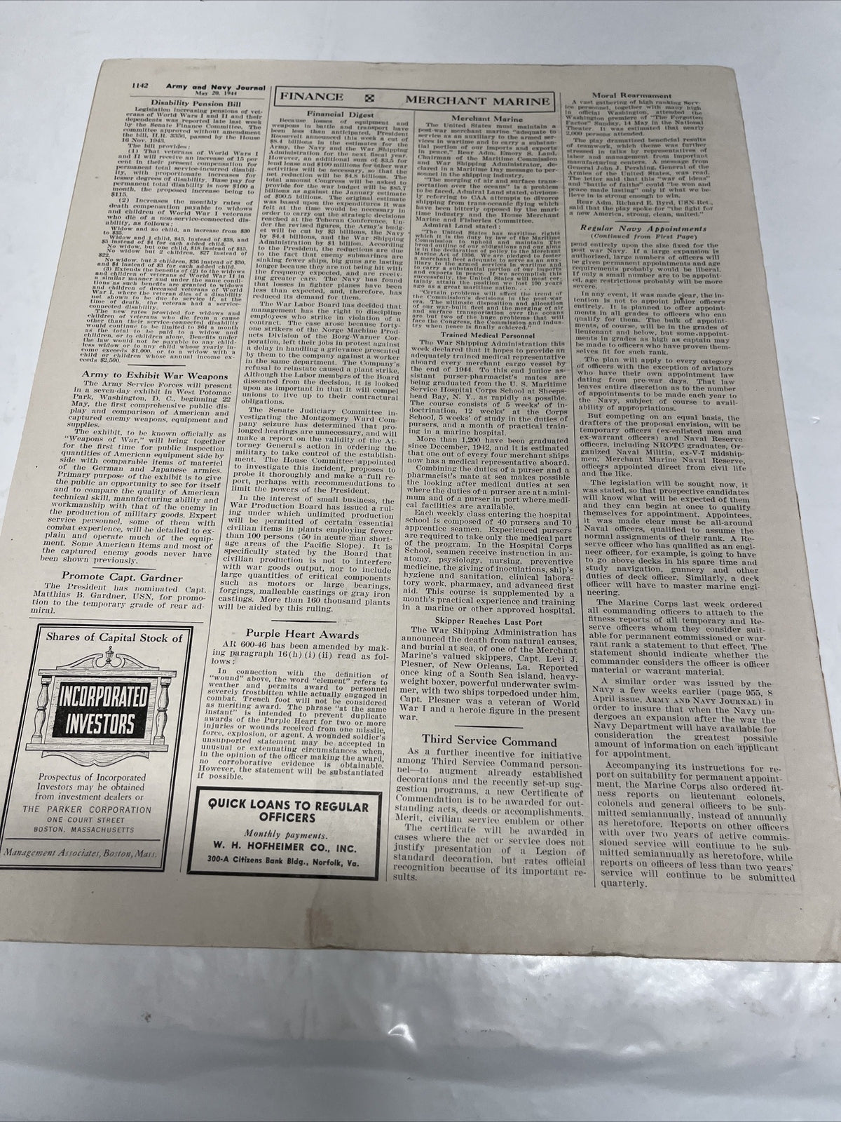 Army Navy Journal Washington DC Vol. 81, No 38, May 20, (1944)