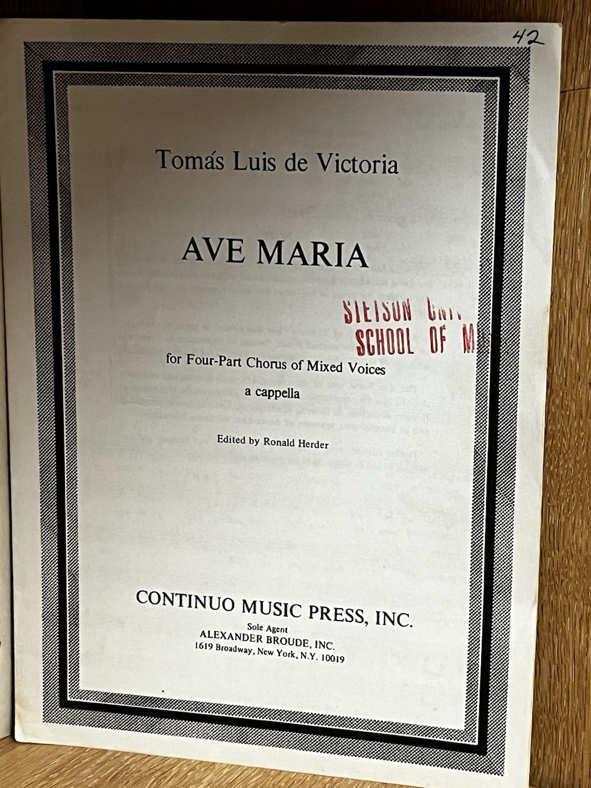 Ave Maria (Tomás Luis de Victoria) SATB a cappella Continuo Music Press Sheet