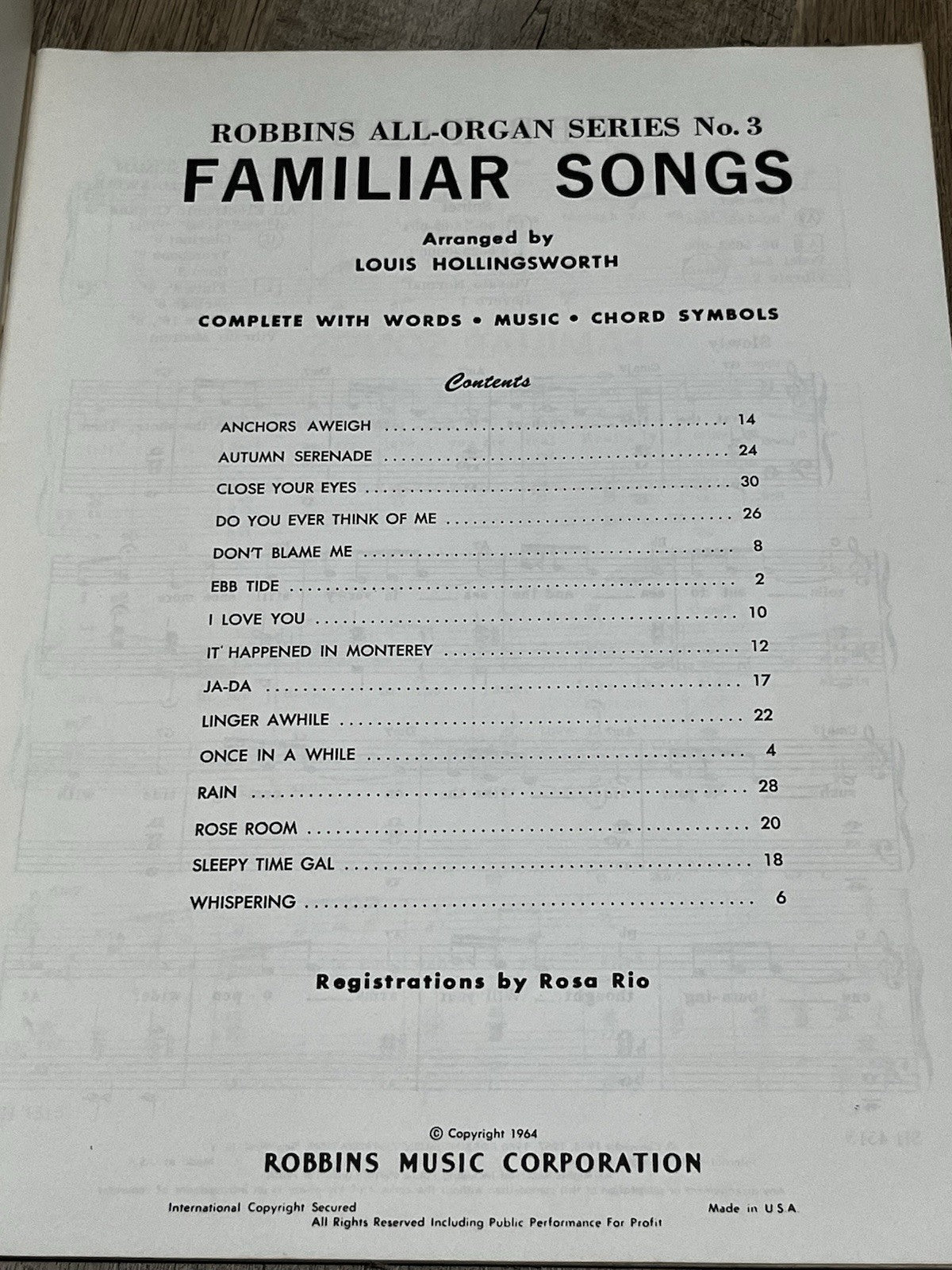 Robbins All Organ Series No. 3 Familiar Songs Sheet Music robbins music Corp.