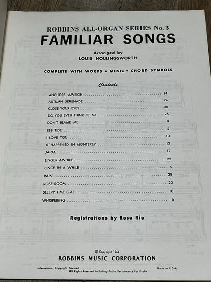 Robbins All Organ Series No. 3 Familiar Songs Sheet Music robbins music Corp.