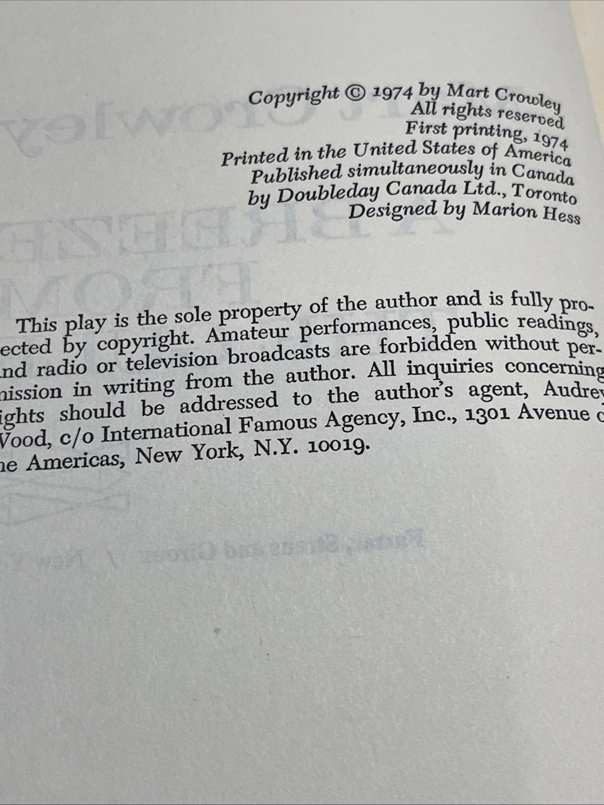 A Breeze from the Gulf 1974 by Mart Crowley (Farrar Straus & Giroux, BC Edition