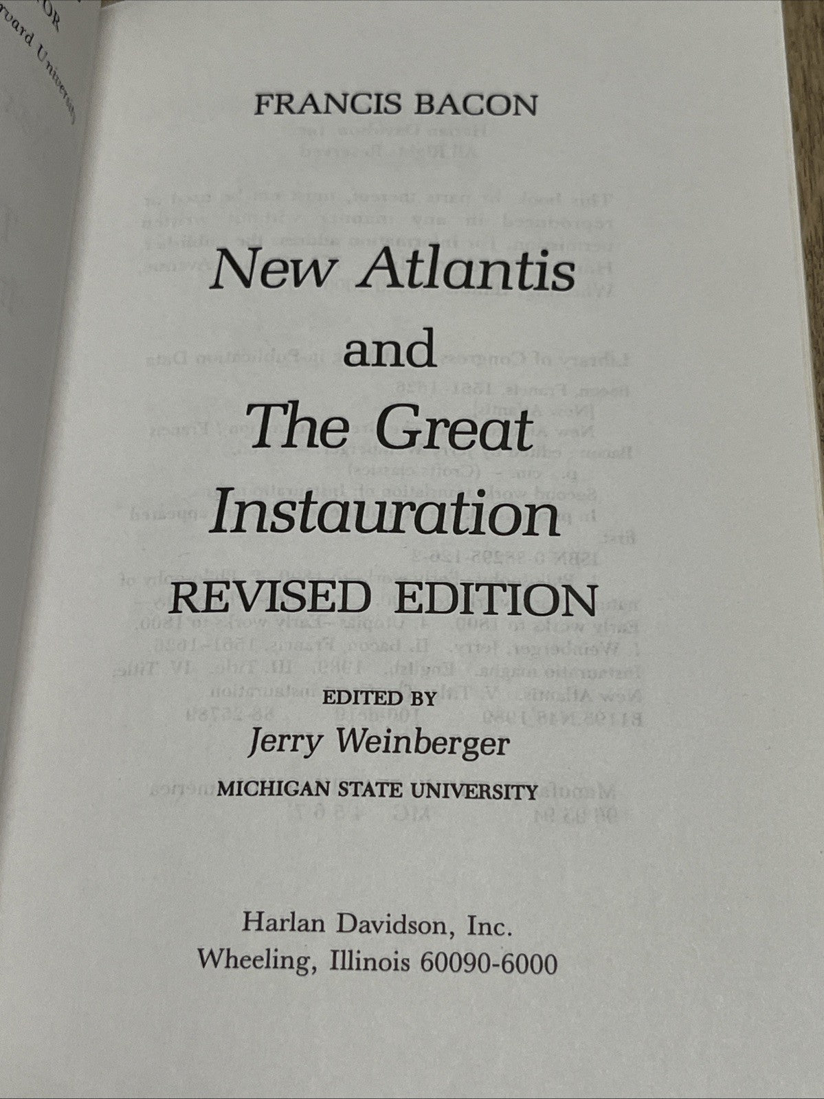 The Great Instauration and New Atlantis by Francis Bacon Paperback Book 1989