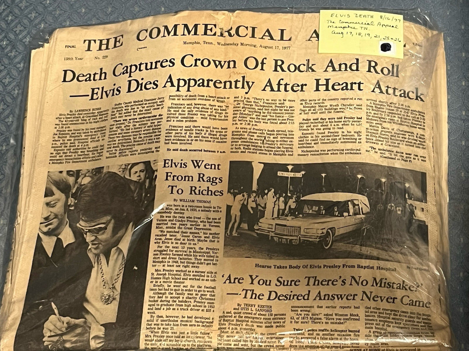 Elvis Presley Death Newspaper Memphis Press, 1977, AUG - 17, 18, 19, 21, 25 & 26
