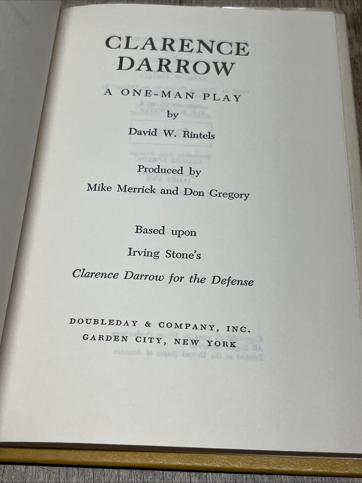 CLARENCE DARROW A One-Man Play David W. Rintels For The Defense BC Edition 1975