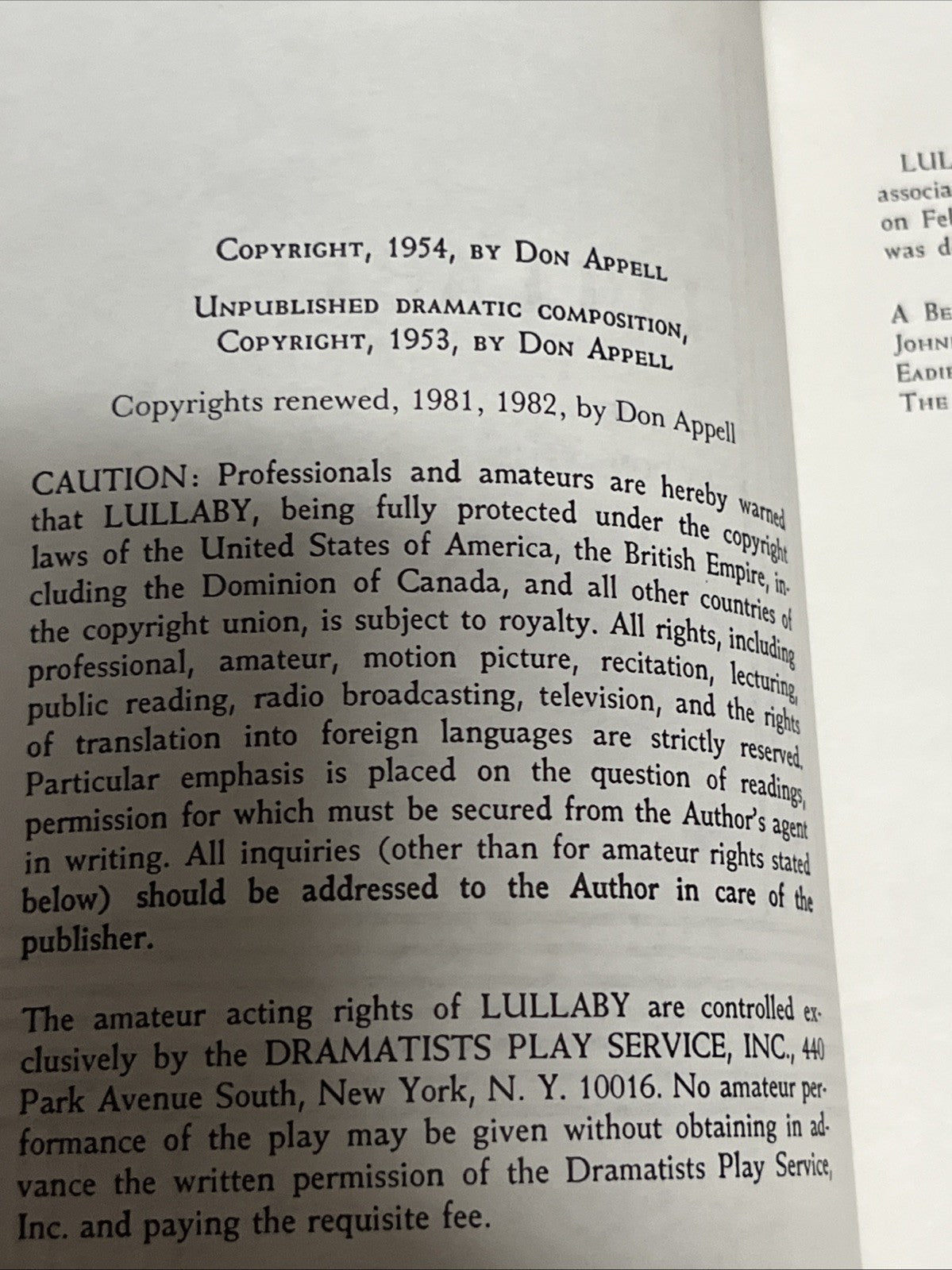 Don Appell :   LULLABY A Comedy 1982