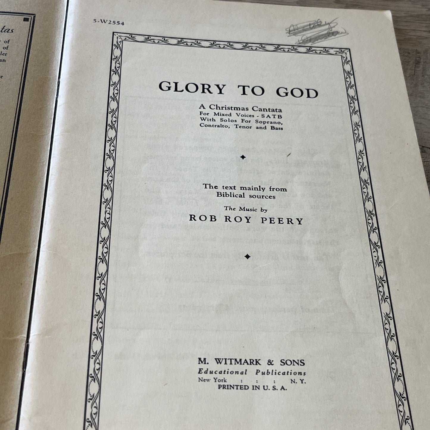 Glory To God ; A Christmas Cantata For Mixed Voices, SATB.. M.Sheet Rob Roy 1931