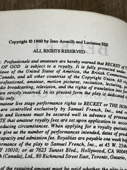 Samuel French BECKET OR THE HONOUR OF GOD: A PLAY IN FOUR ACTS By Jean Anouilh..