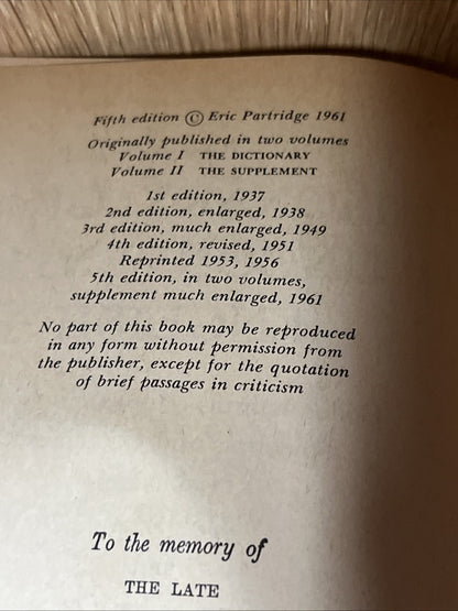 A Dictionary of SLANG and Unconventional English Eric Partridge 1961 5th Edition