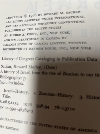 A History of Israel From The Rise Of Zionism by Howard Morley Sachar, 1st E 1976