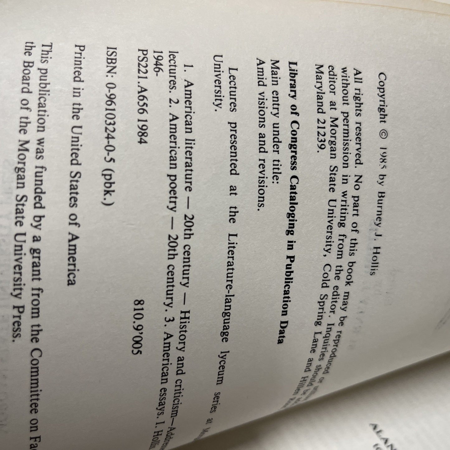 Amid Visions and Revisions Burney J. Hollis 1985