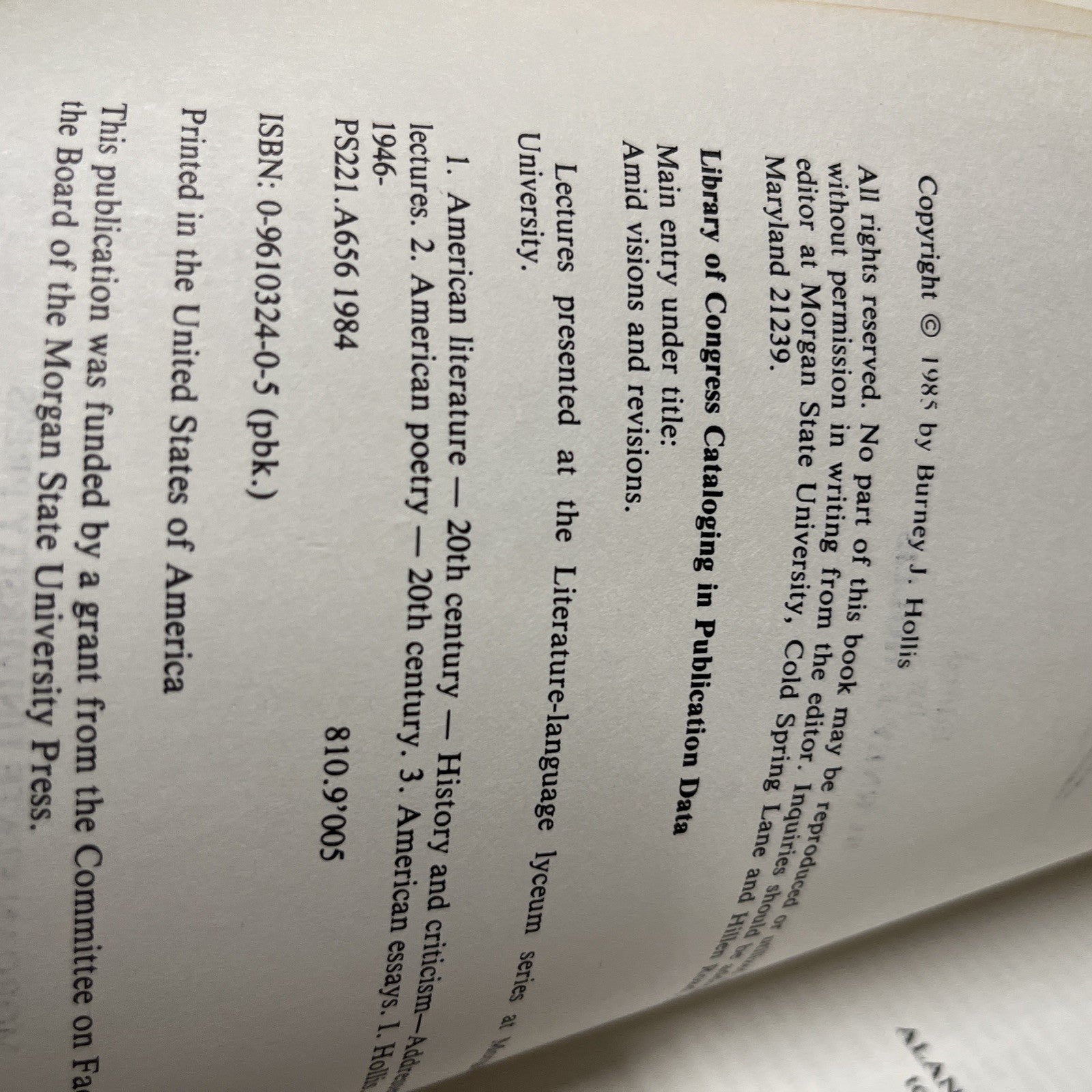 Amid Visions and Revisions Burney J. Hollis 1985