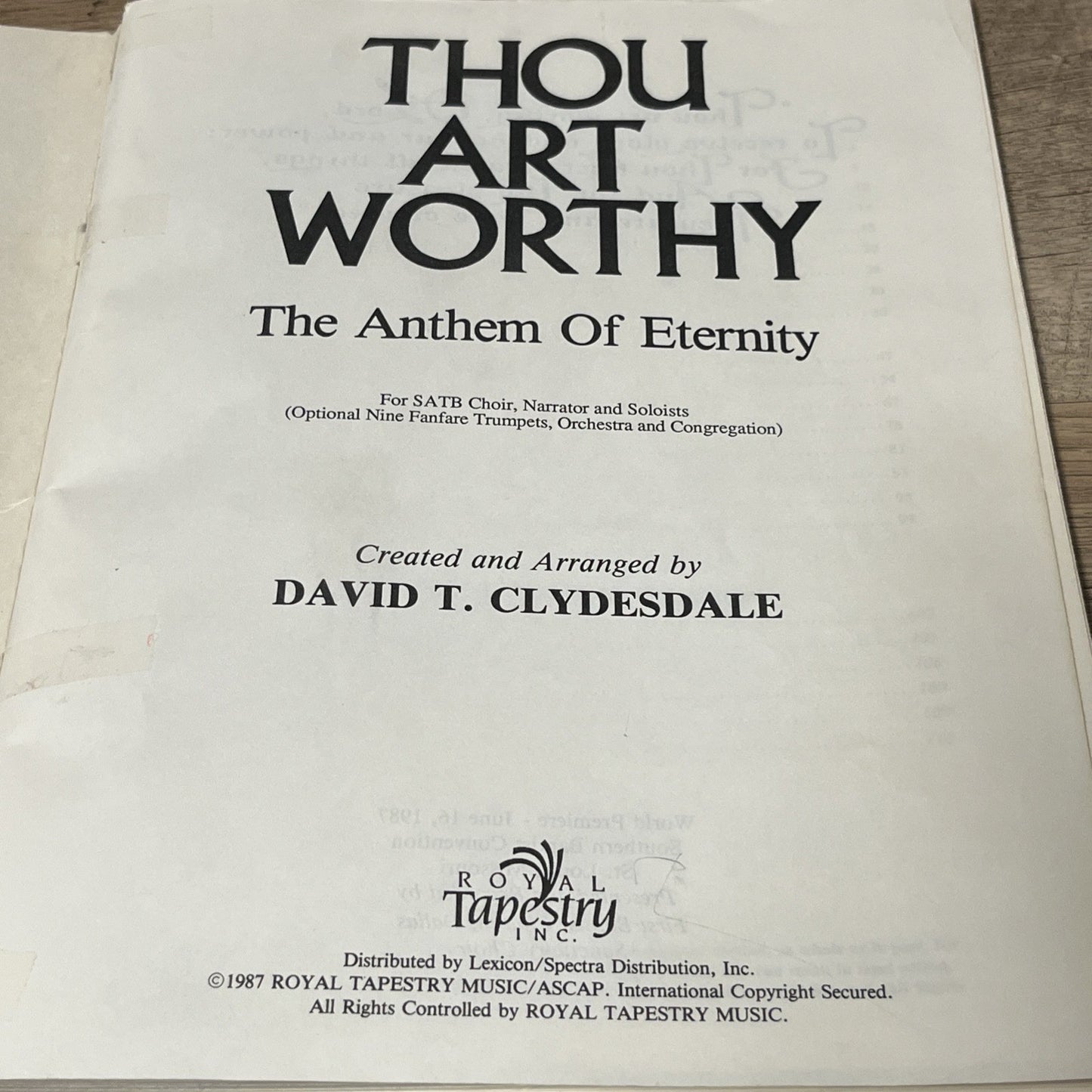 Lot of 10 Thou Art Worthy: The Anthem Of Eternity  SATB By David T. Clydesdale
