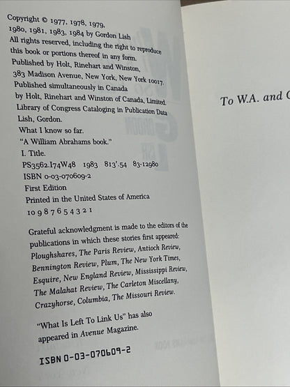 What I Know So Far Gordon Lish (1984, Hardcover) 1st Edition Printing In USA VG