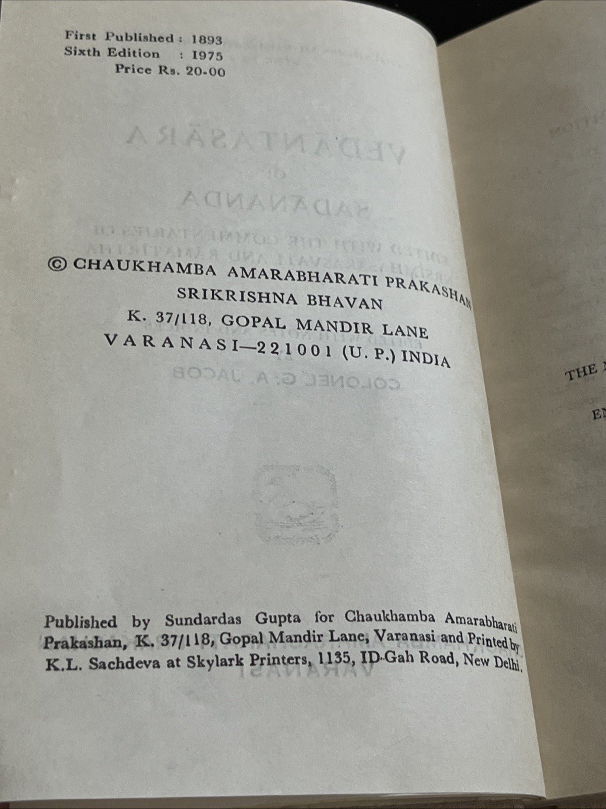 Vedāntasāra of Sadānanda (वेदान्तसारः) 1975
