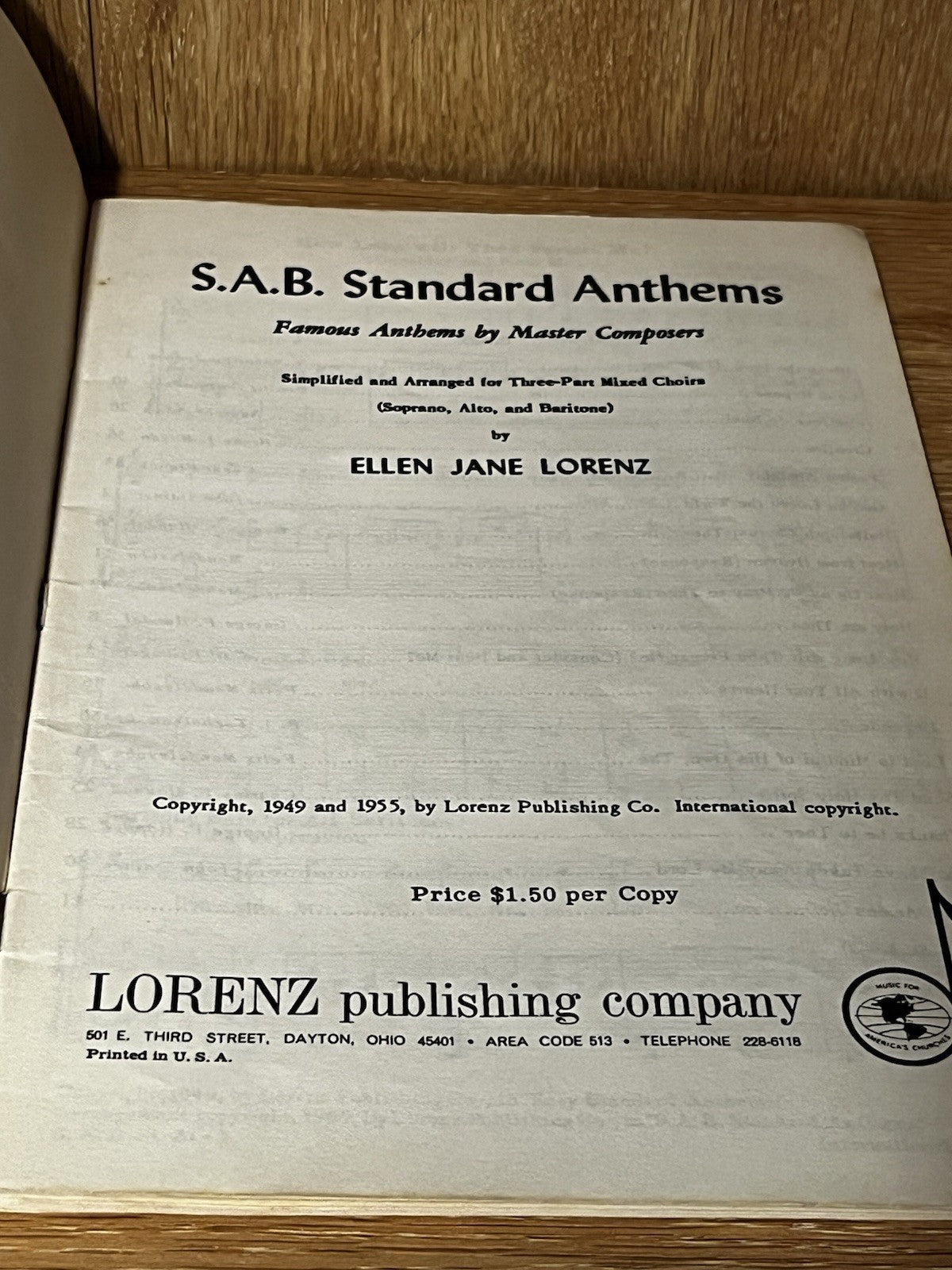 SAB Standard Anthems for Three Part Mixed Choirs Soprano, Alto & Baritone 1955