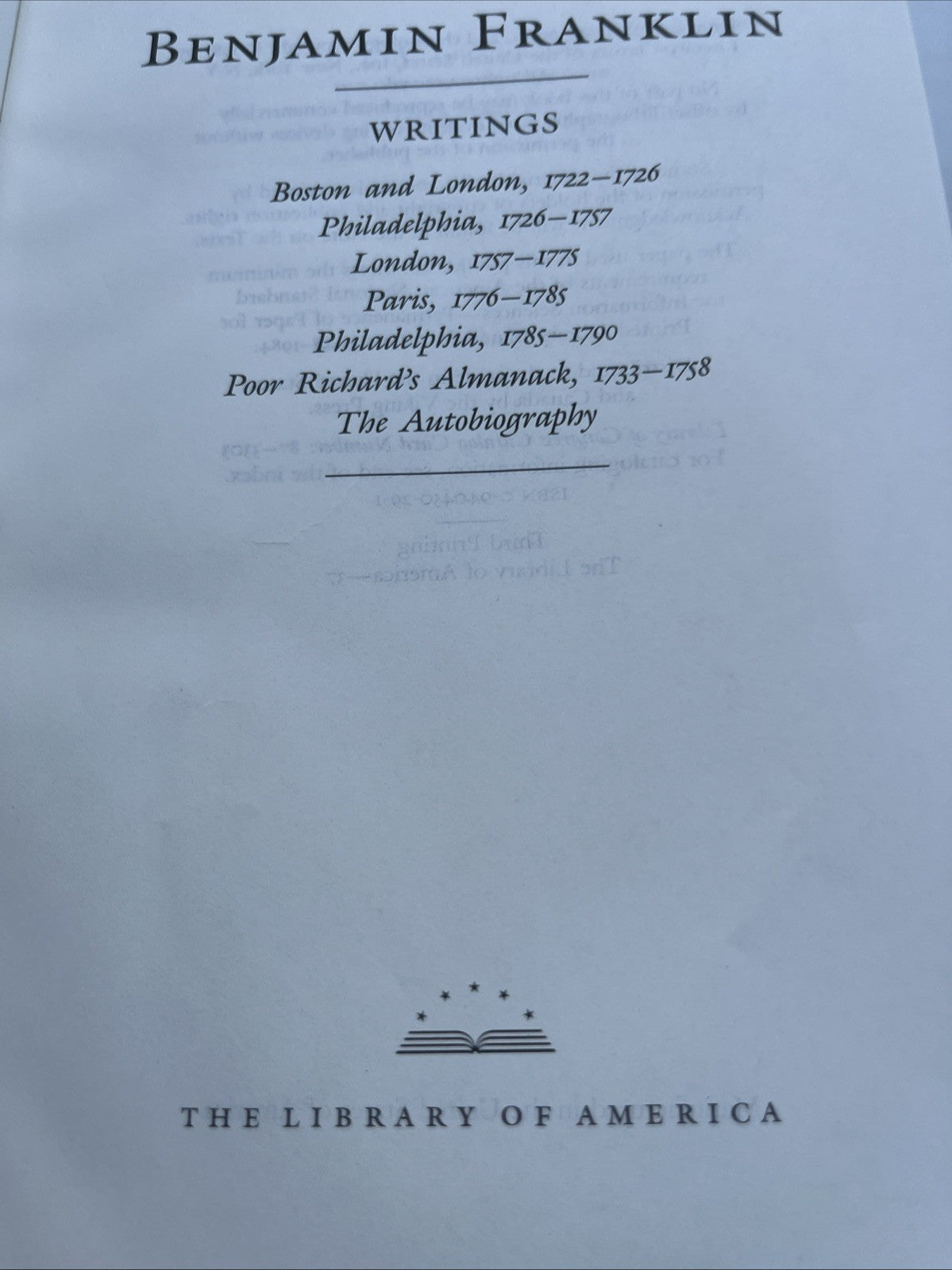 Benjamin Franklin & J. A. Leo Lemay FRANKLIN Writings Library of America 3rd Pri
