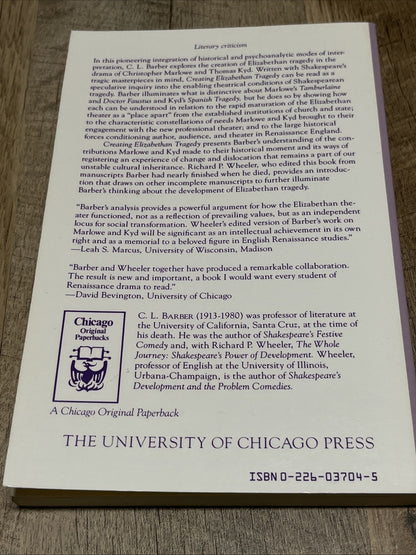 CREATING ELIZABETHAN TRAGEDY: THE THEATER OF MARLOWE AND By C. L. Barber VG