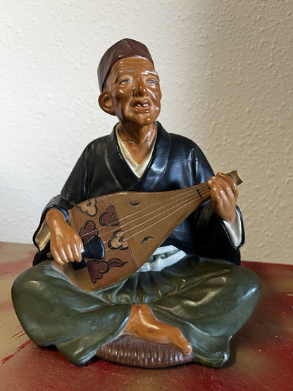 Hakata Urasaki Old Man Biwa Instrument Japanese Figurine Top of Biwa Is Broken