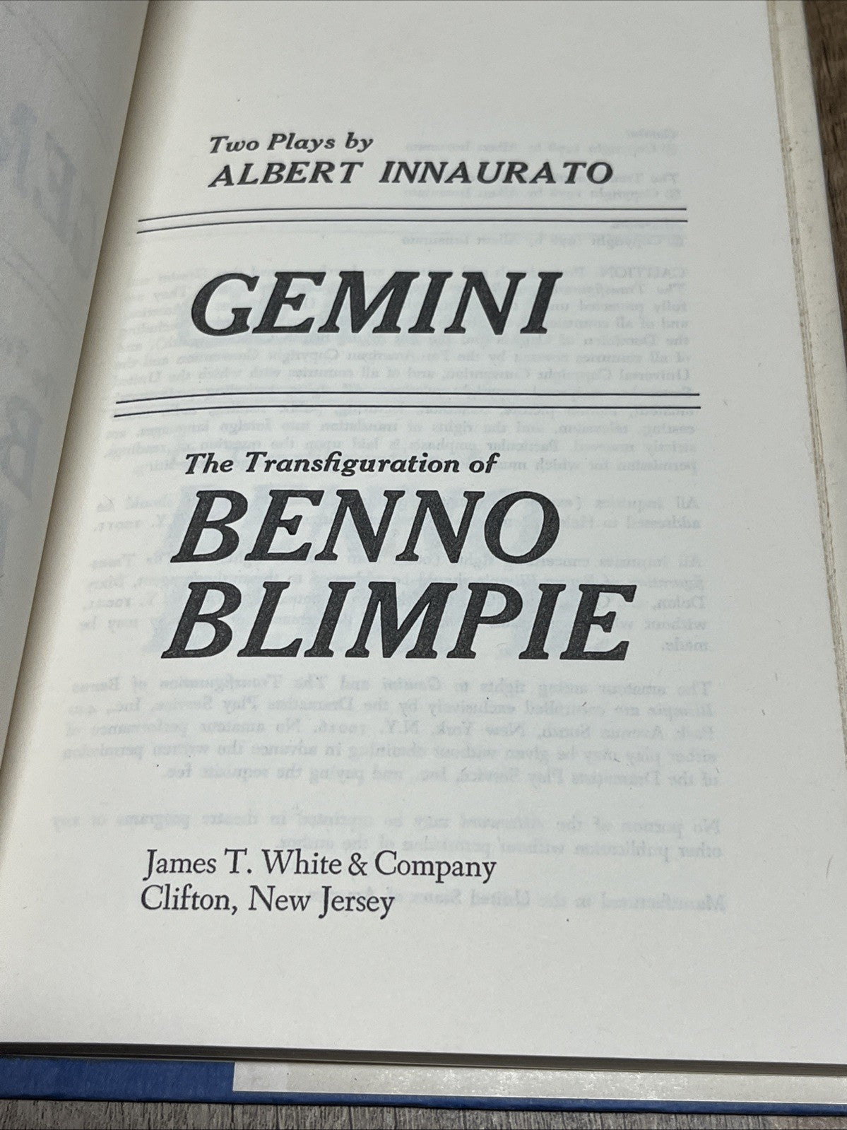 TWO PLAYS BY Albert Innaurato - GEMINI THE TRANSFIGURATION OF BENNO BLIMPIE 1978